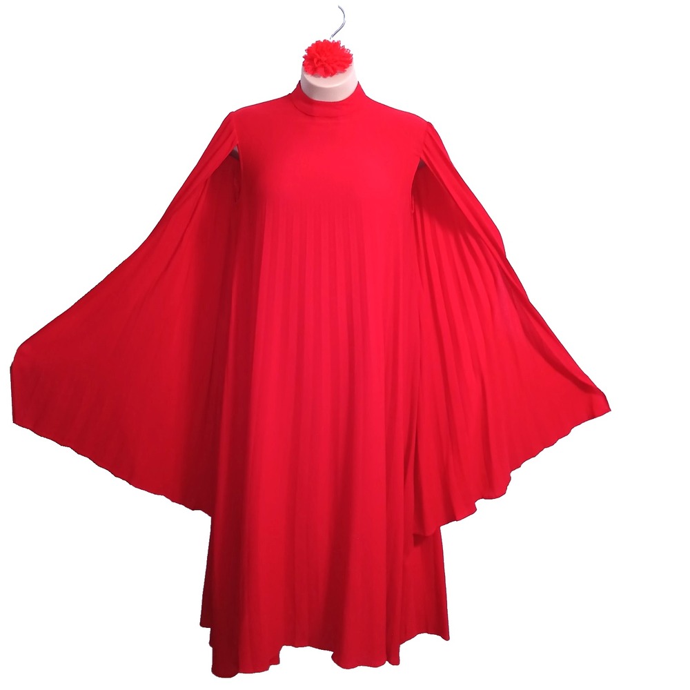 Cape Sleeve Accordion Pleated Women Maxi Dress 0XL Red Mock Neck Christmas Drama